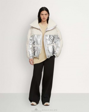 Veste Bombers Moose Knuckles Elmira Sherpa Bomber Femme Argent | JYLKZ-8903