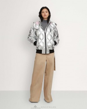Veste Bombers Moose Knuckles Flightweight Metallic Bankhead Bomber Femme Argent | TLABX-5481